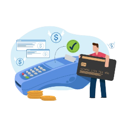 A customer is holding card to pay through high-risk merchant services (POS)