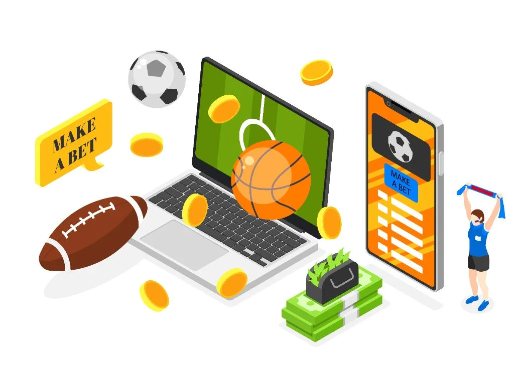 A graphic with a guy, 1 mobile, 1 laptop, 2 footballs, 1 volleyball, 5 coins and lots of money. A guy won bet and got money by sports betting payment processing.