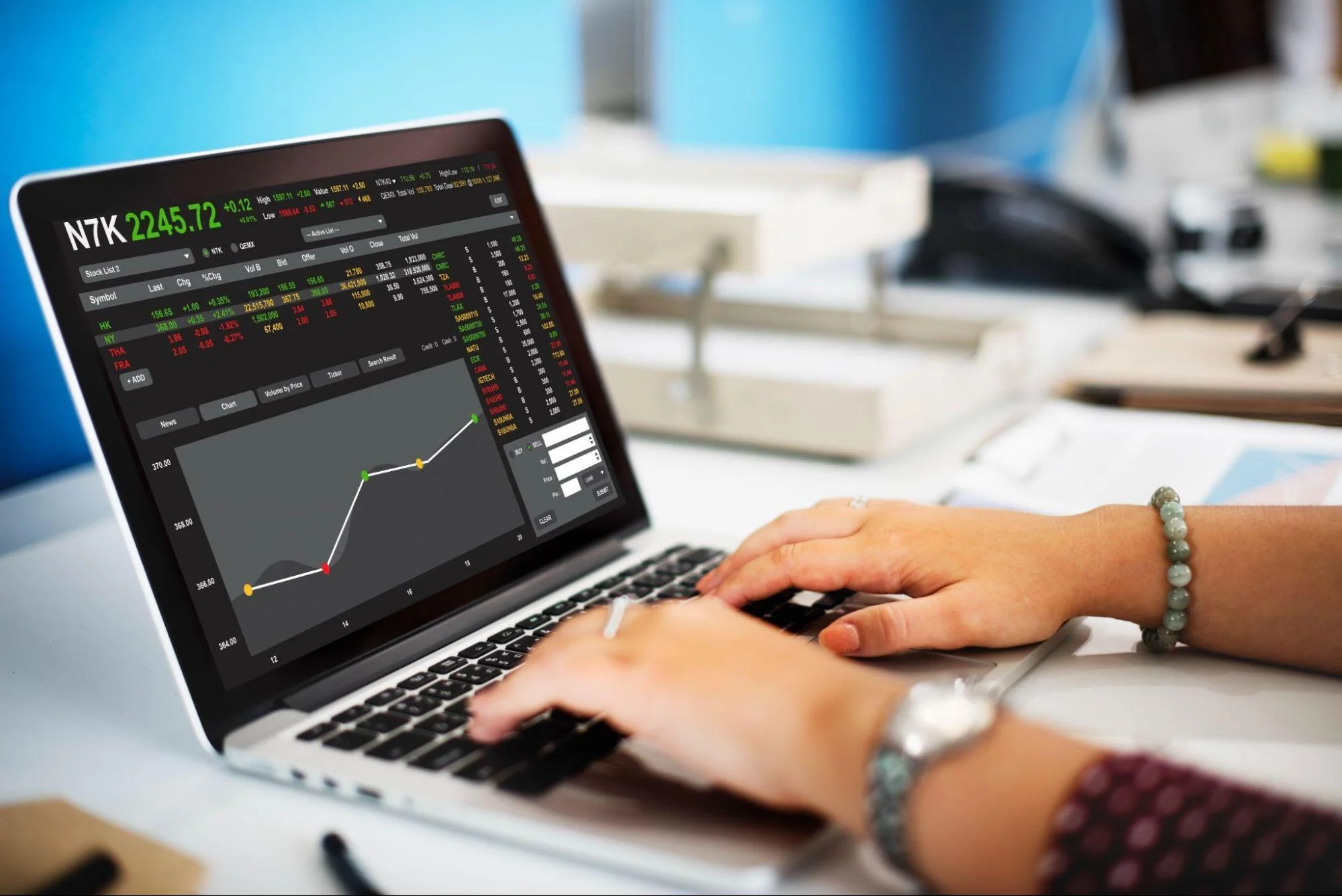 A person analyzing real-time financial market data and stock trading charts on a laptop screen in an office environment.